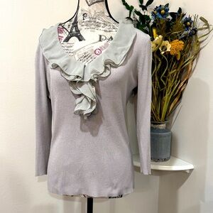 Adrienne Vittadini Studio Light Gray soft Ruffled Neckline luxury Blouse size Lg